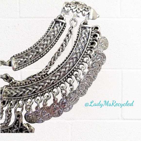 Chunky Silver-tone Statement Coin Necklace & Earrings Boho Belly Dance NEW! - Picture 9 of 10